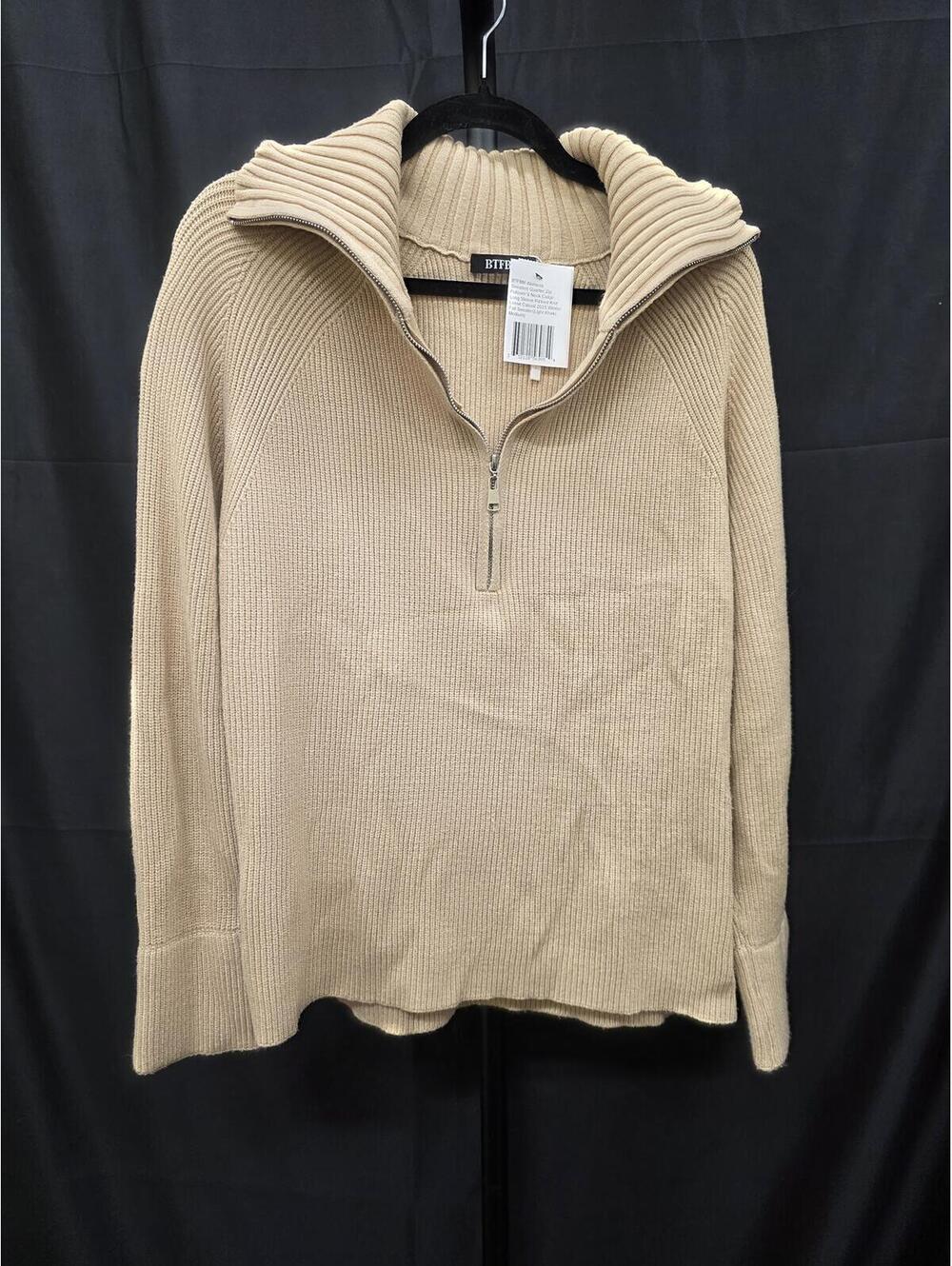 BTFBM Ribbed Knit Quarter Zip Casual Loose Sweater Women’s Light Khaki M